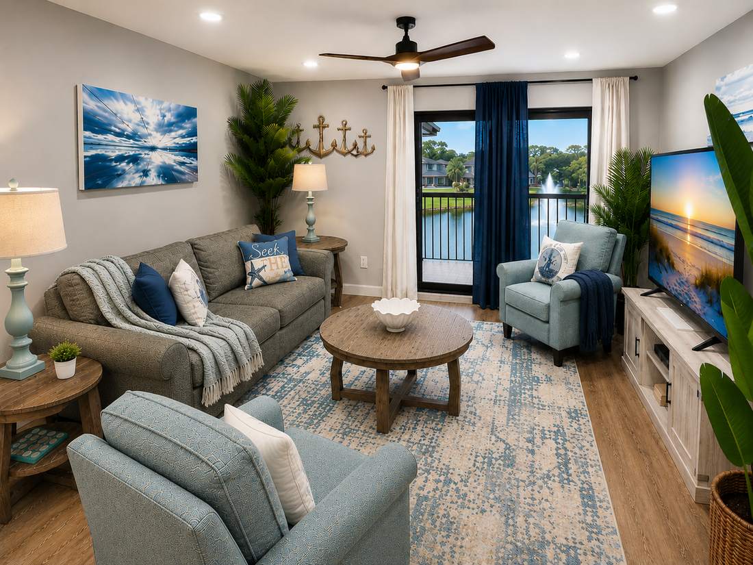 Coastal living room with blue armchairs, ceiling fan and balcony doors