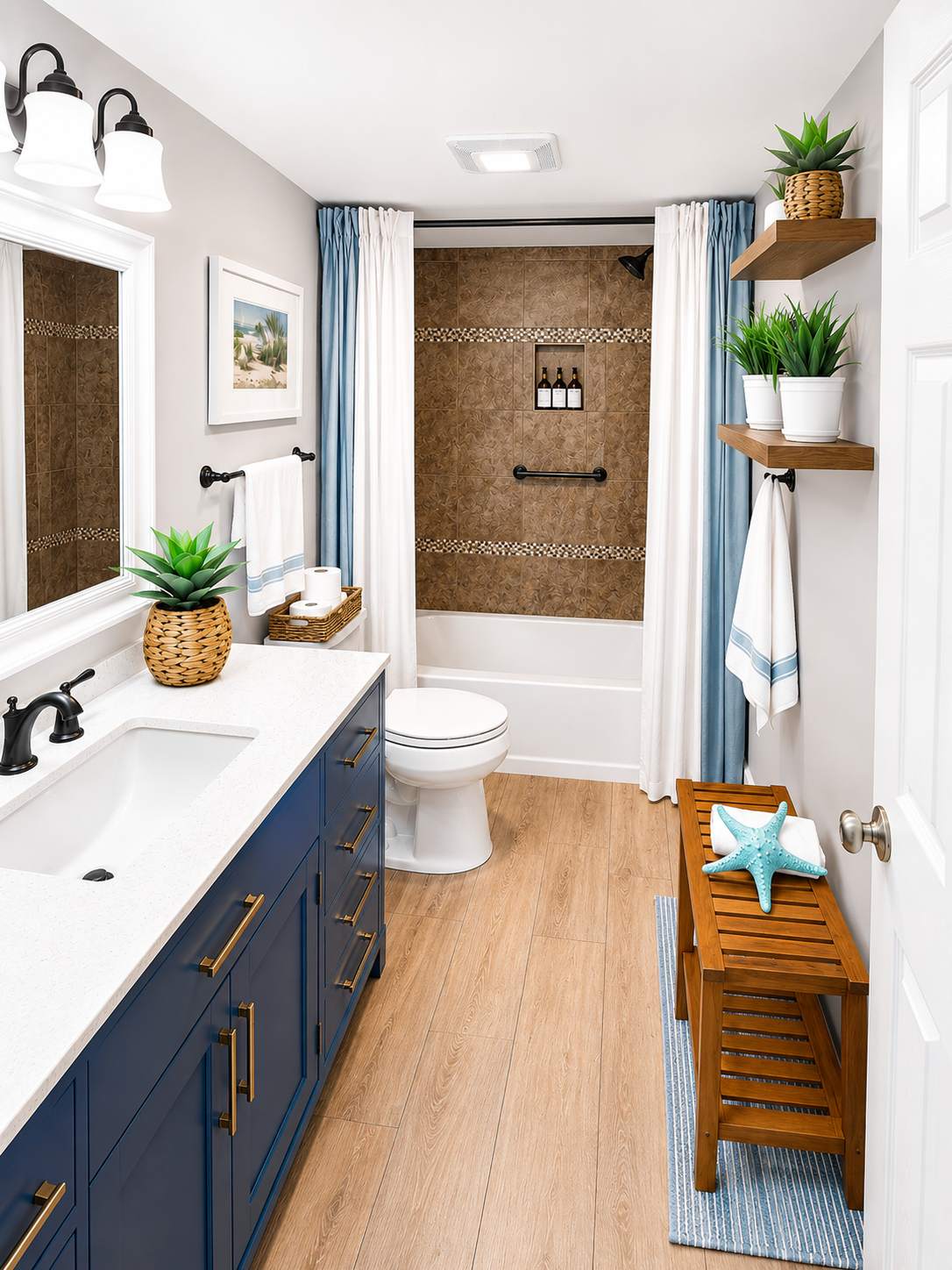 Full bathroom with blue vanity and tiled tub-shower