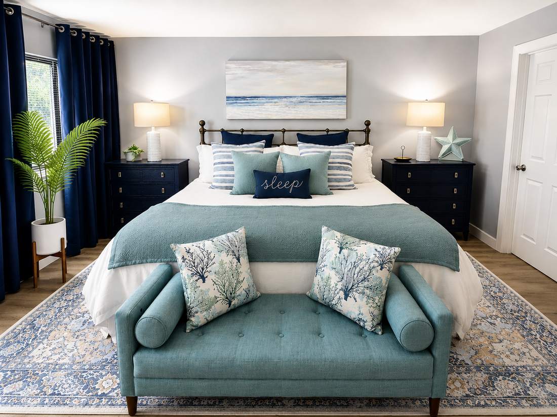 King bedroom with blue upholstered bench and blackout curtains