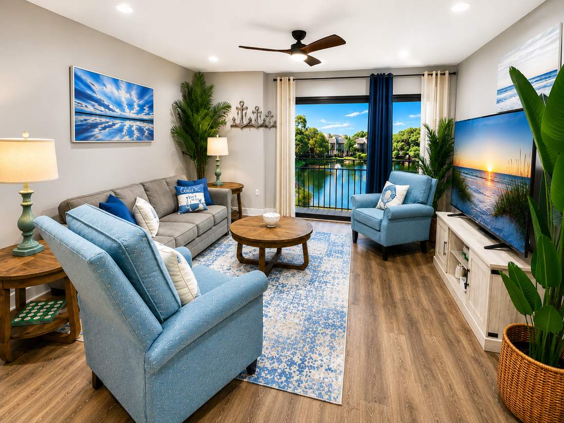 Living room opening to the balcony and water view
