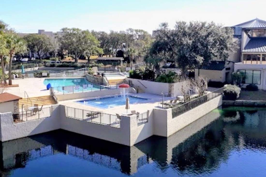 Resort pool terraces overlooking the lagoon